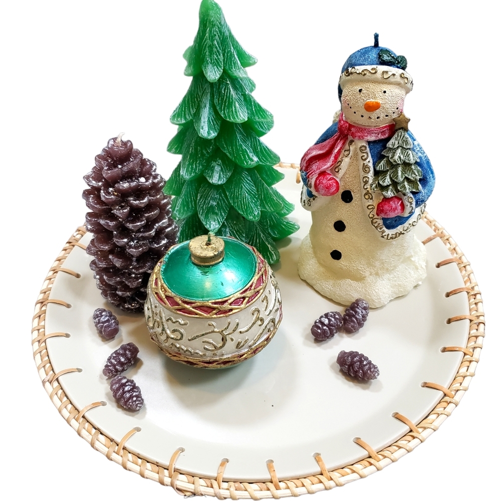 Christmas Candle Gift Set Home Trends Snowman Pinetree Pinecone Platter